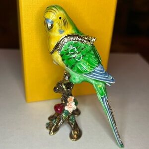 Parakeet - Enamel & Crystal Trinket Keeper Box Tchotchke
